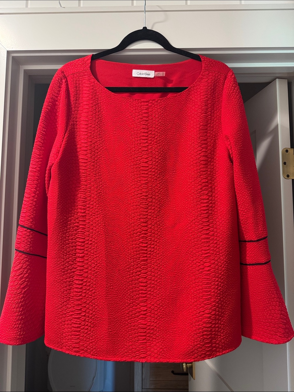 Calvin Klein Red Textured Scoop Neck Top with Black Trim